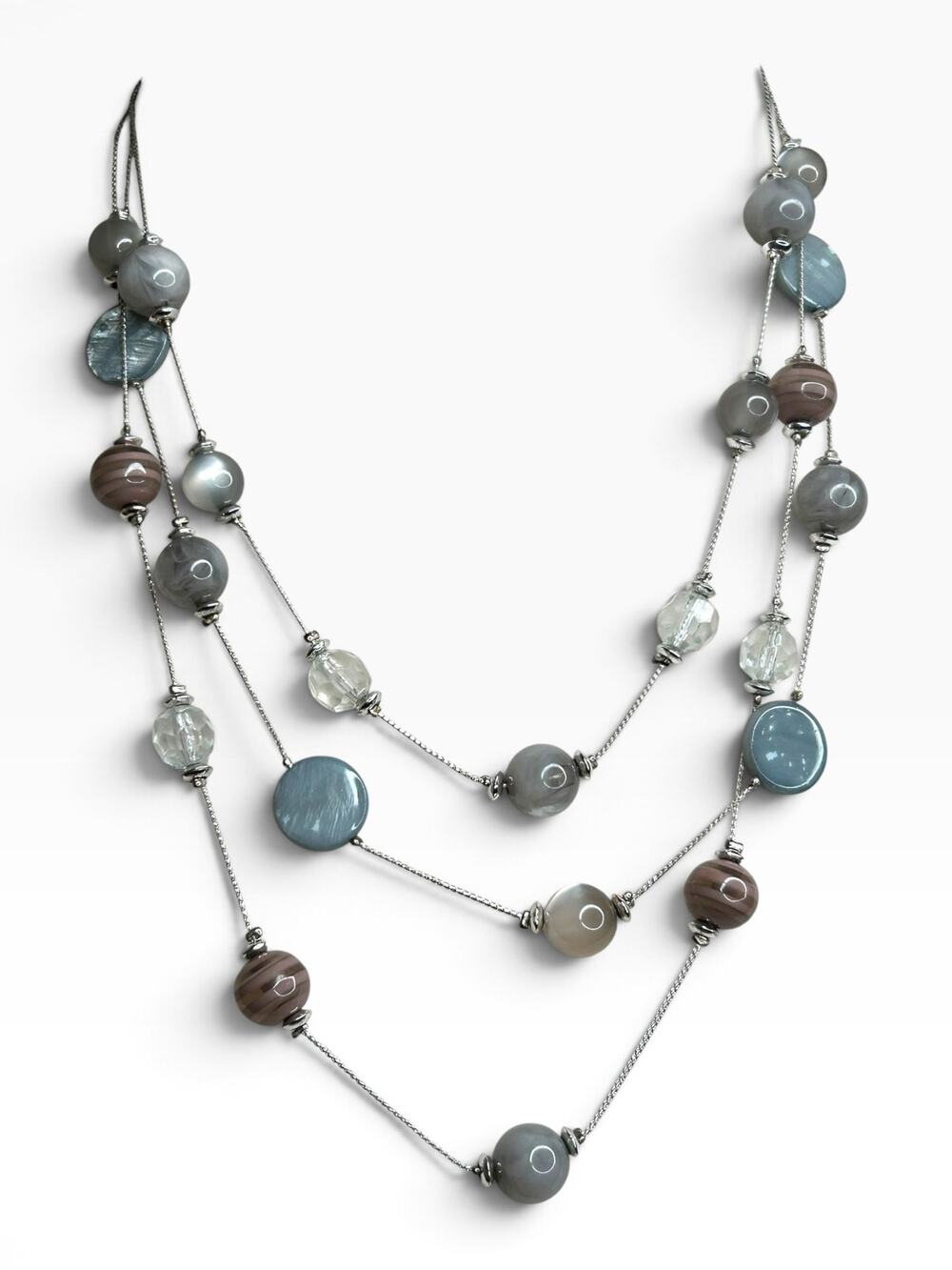 Y2K Layered Floating Bead Illusion Necklace Silver Tone Gray Blue Clear Earthy